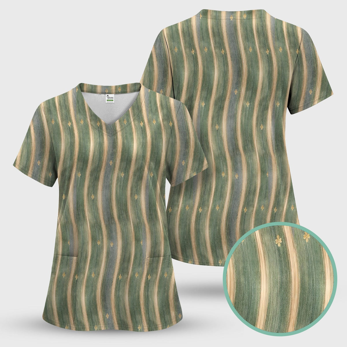 Nurse Green Vertical Stripe Floral Scrub Top