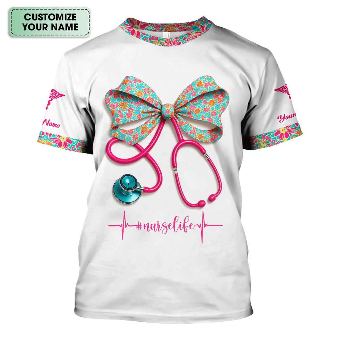Personalized Floral Bow Heartbeat Nurse Shirt