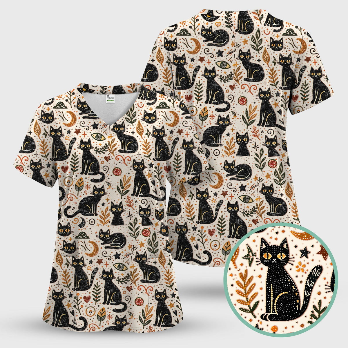 Mystic Black Cat Celestial Nurse Scrub Set