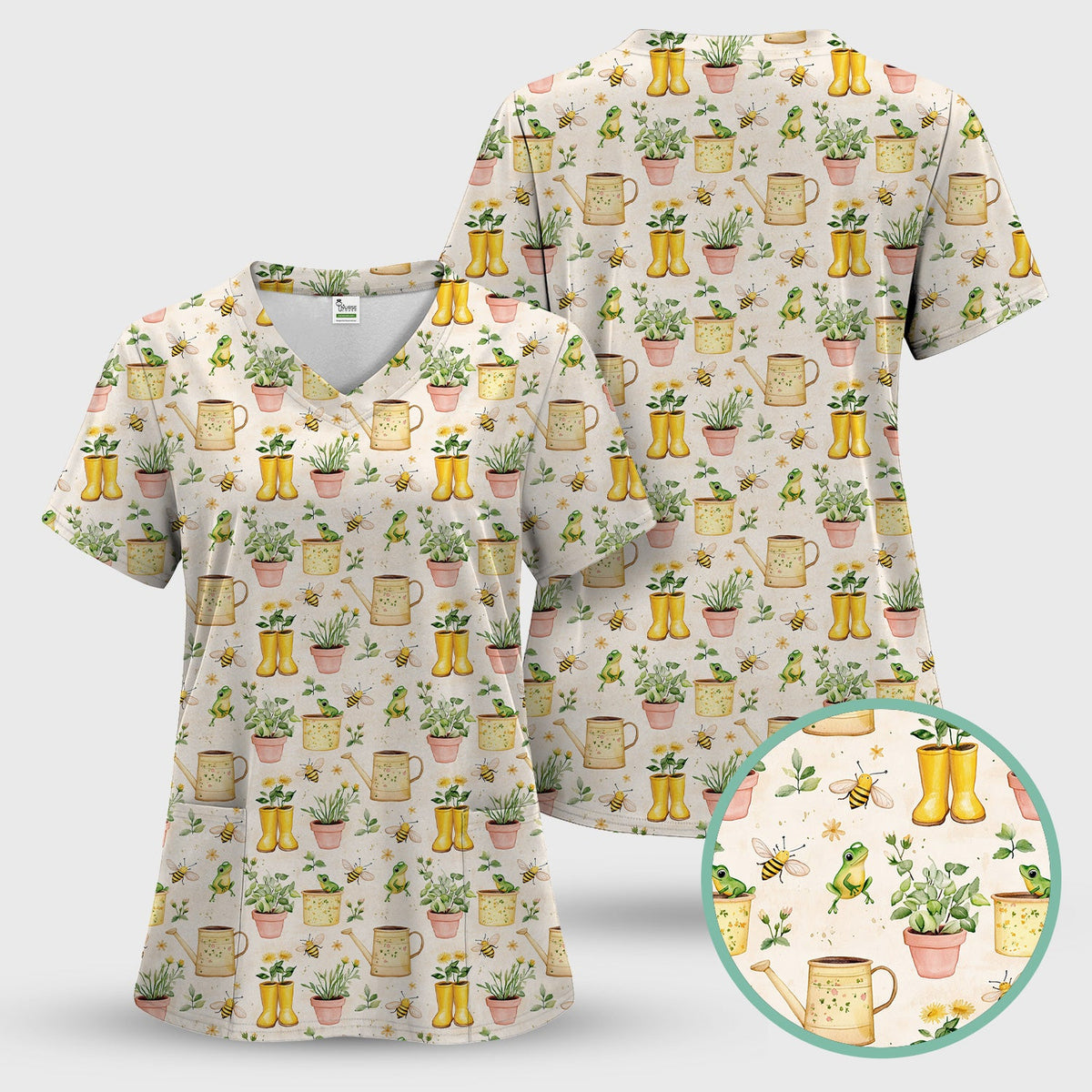 Frog And Bee Garden Nurse Scrub Top