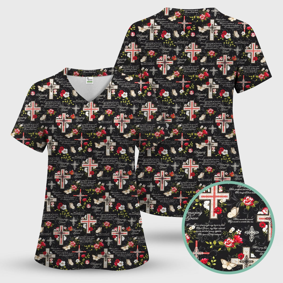 Christian Cross Roses And Butterflies Nurse Scrub Top