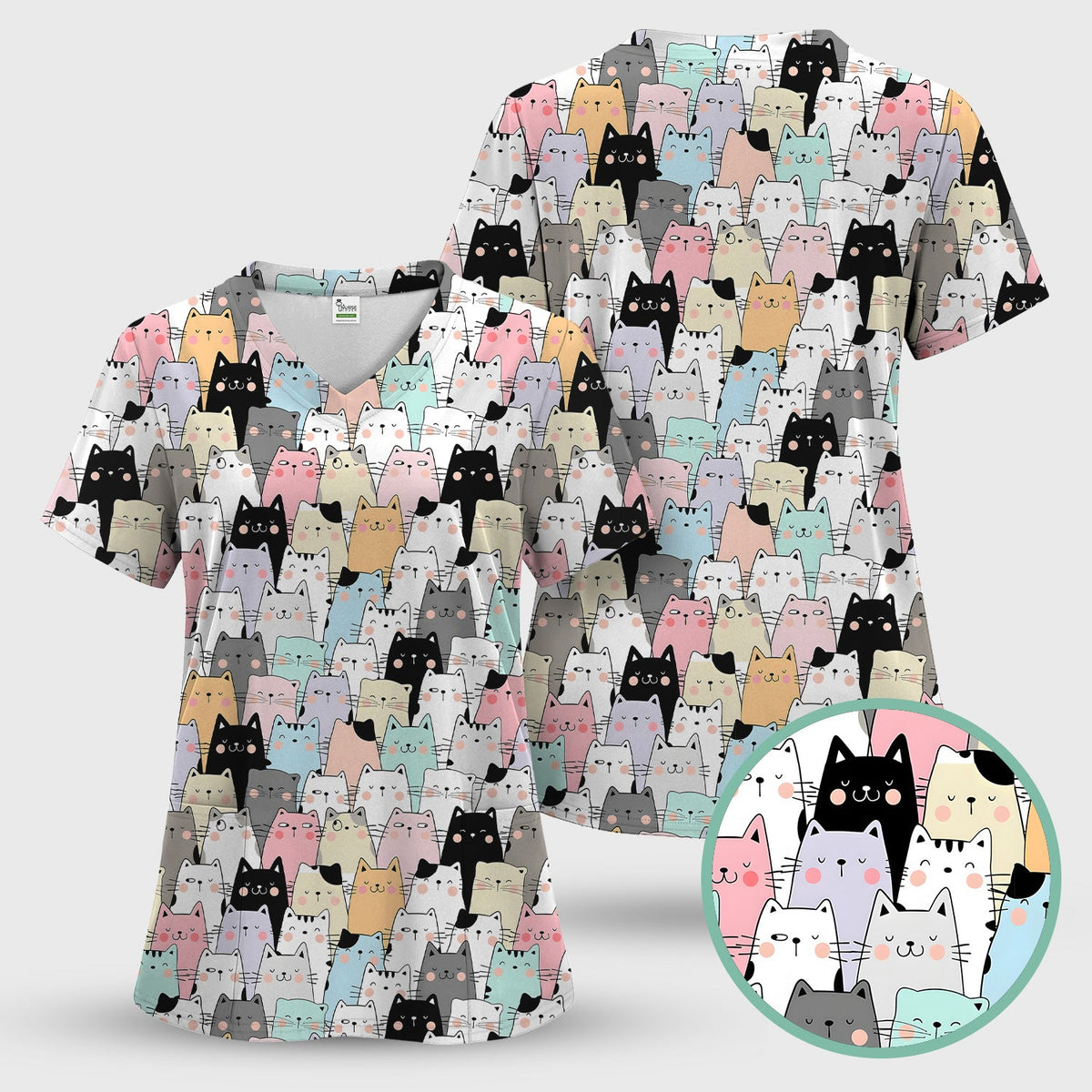 Cartoon Cat Crowd Nurse Scrub Set