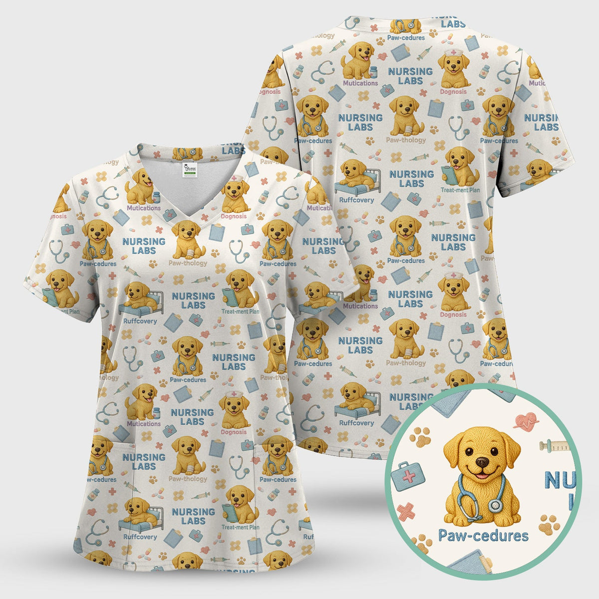 Labrador Nursing Scrub Set, Cute Dog Pattern Nurse Uniform,  Comfortable Scrubs For Nurses