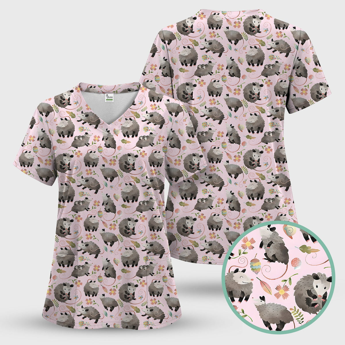 Opossum Playing Flower Garden Nurse Scrub Top