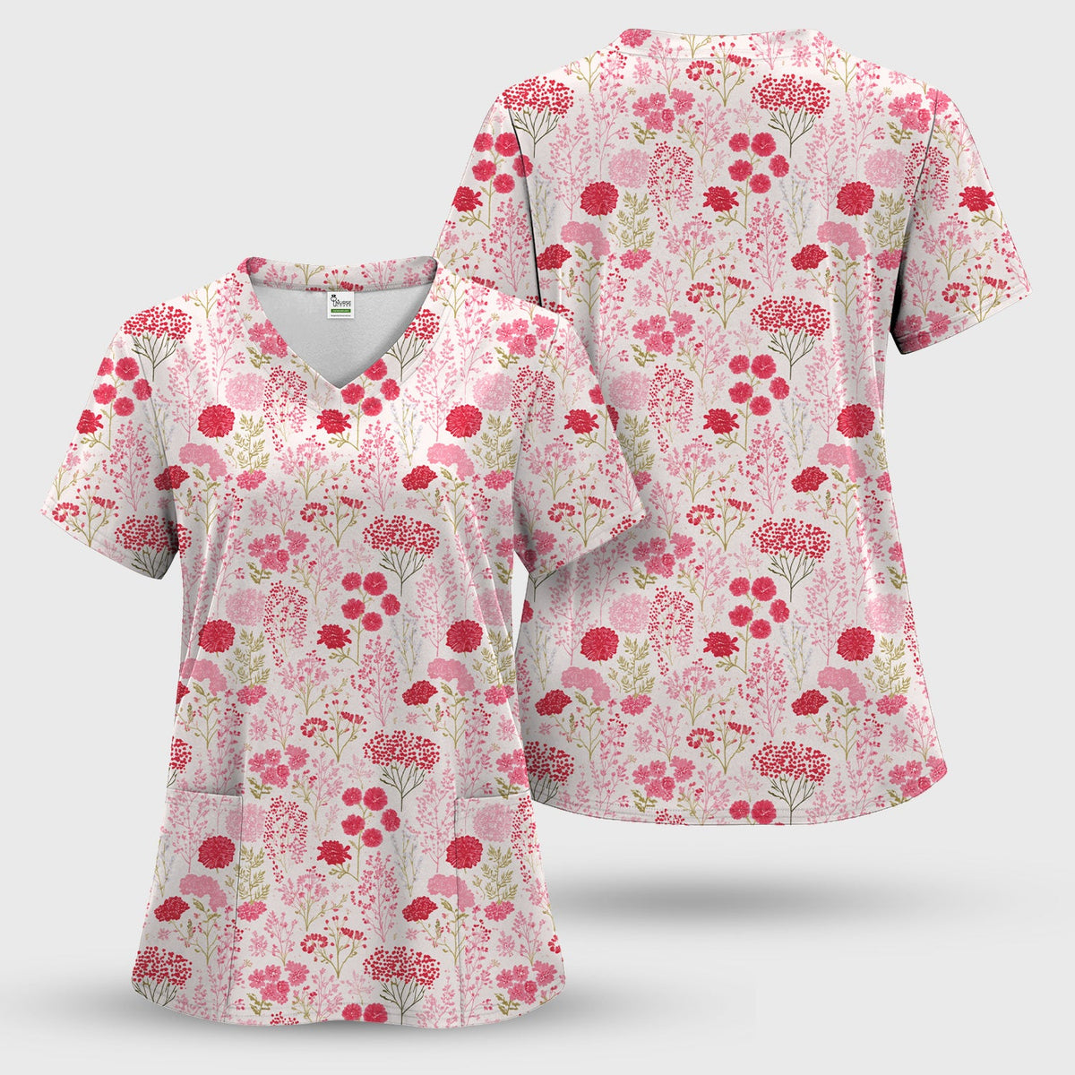 Pink Floral Allover Nurse Scrub Top
