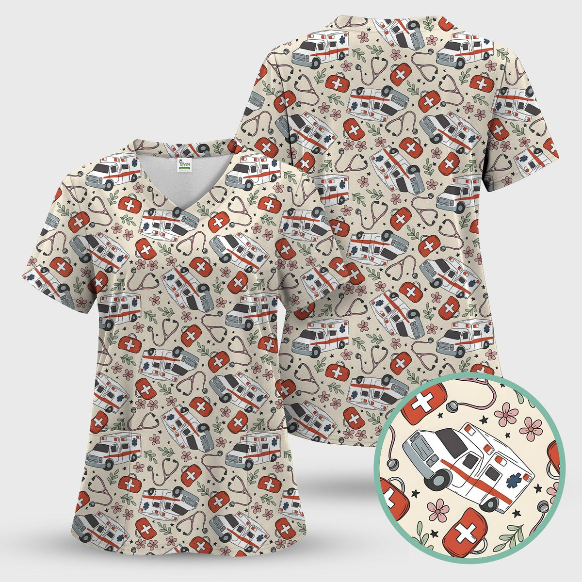 Ambulance Stethoscope First Aid Floral Nurse Scrub Top