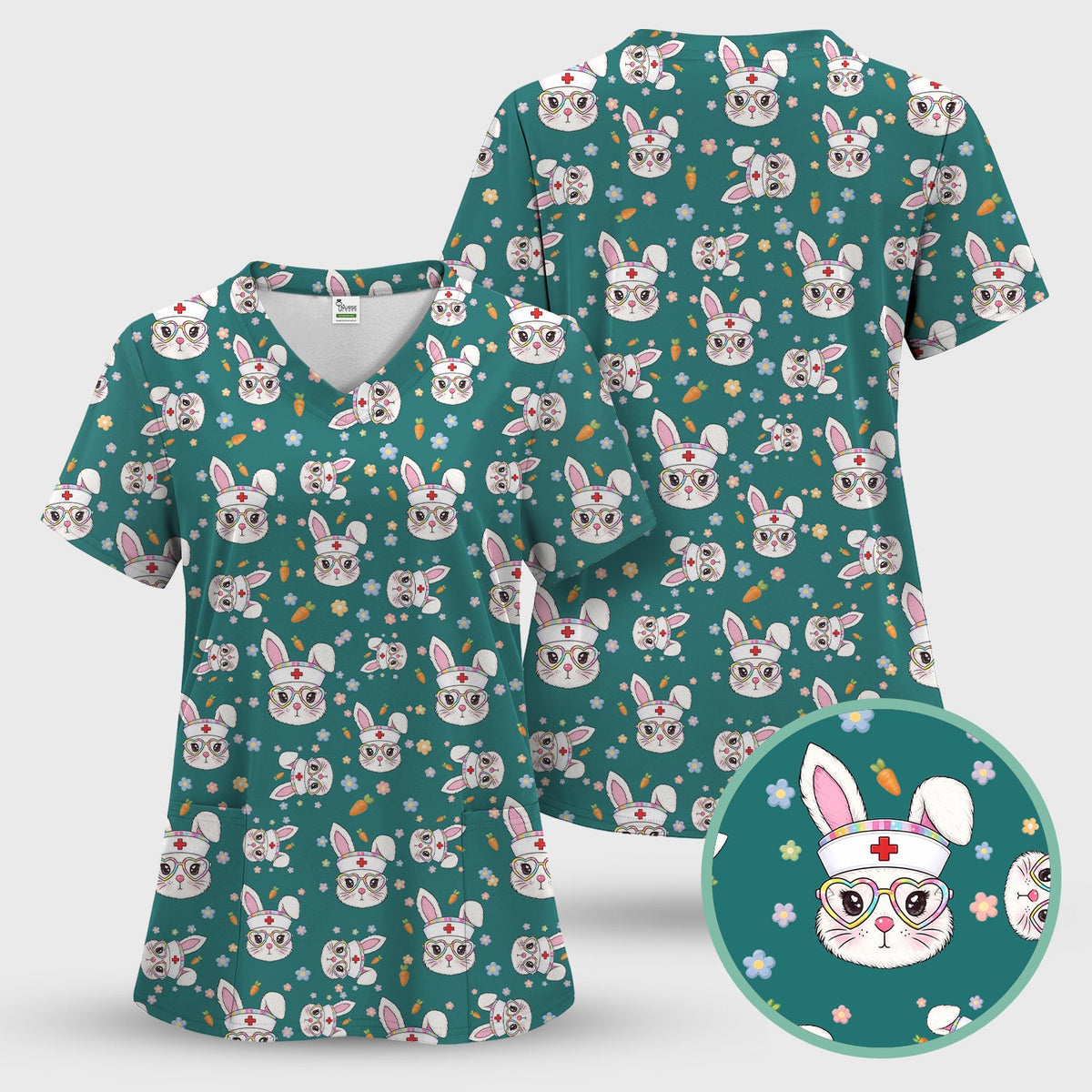 Cute Easter Bunny Nurse Pattern Scrub Top, Breathable Fabrics Nursing Uniform