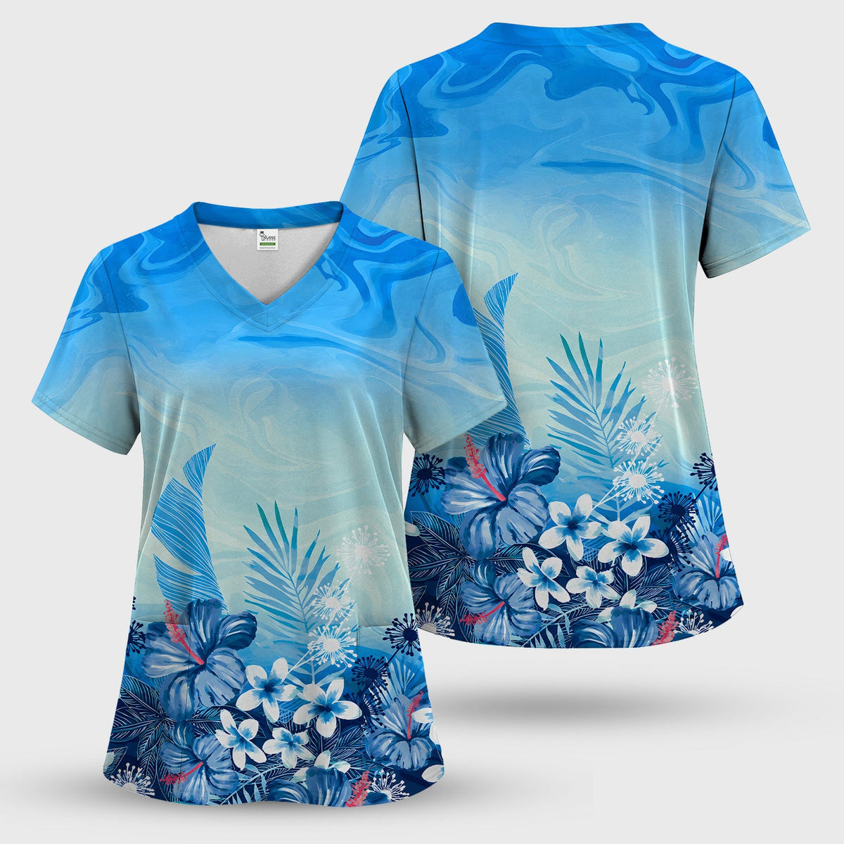 Elegant Blue Tropical Floral Nurse Scrub Set