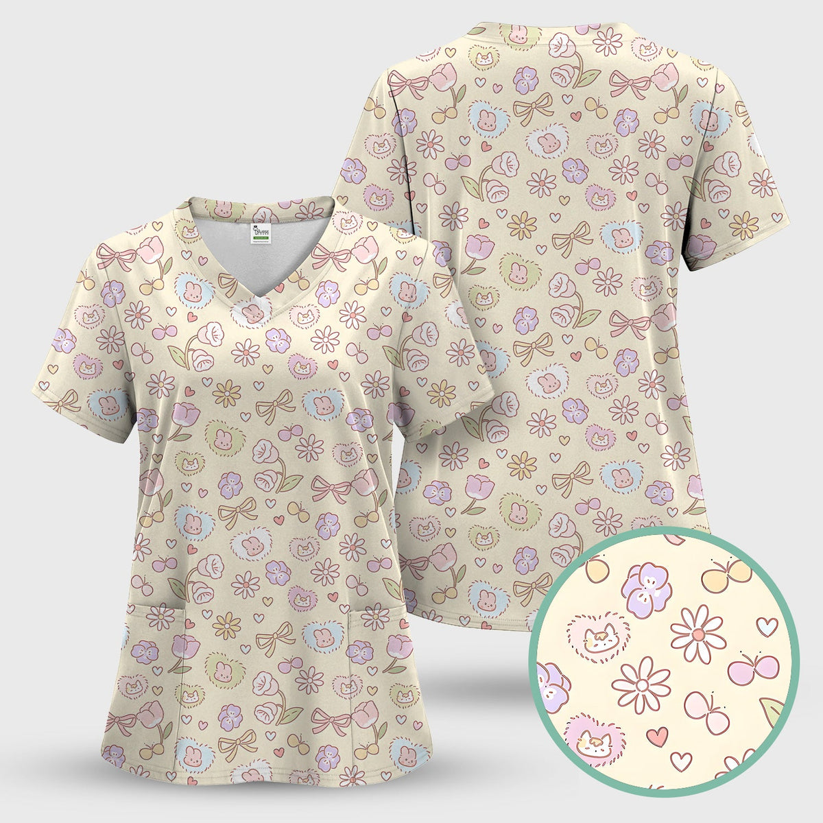 Pastel Bunny Flower Heart Nurse Scrub Set