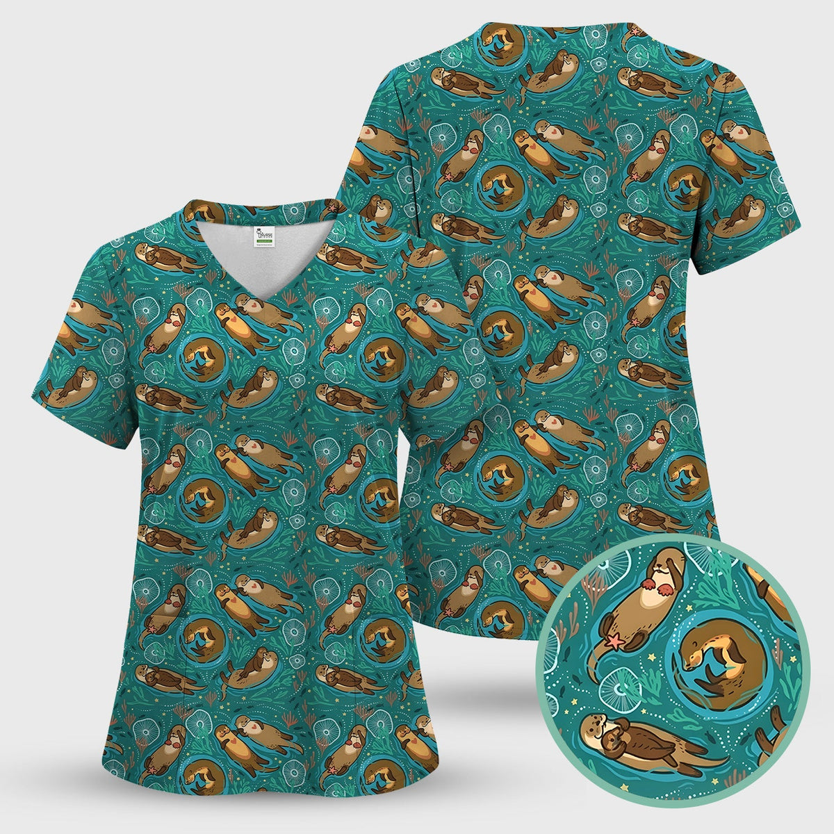 Sea Otter Floating Ocean Pattern Scrub Set, Scrub Pants and V Neck Top