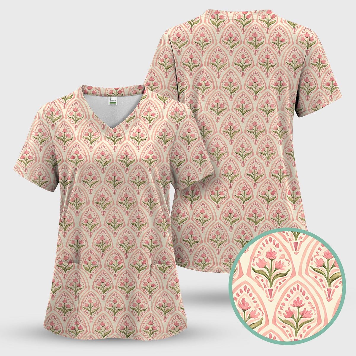 Pink Tulip Floral Arch Nurse Scrub Top