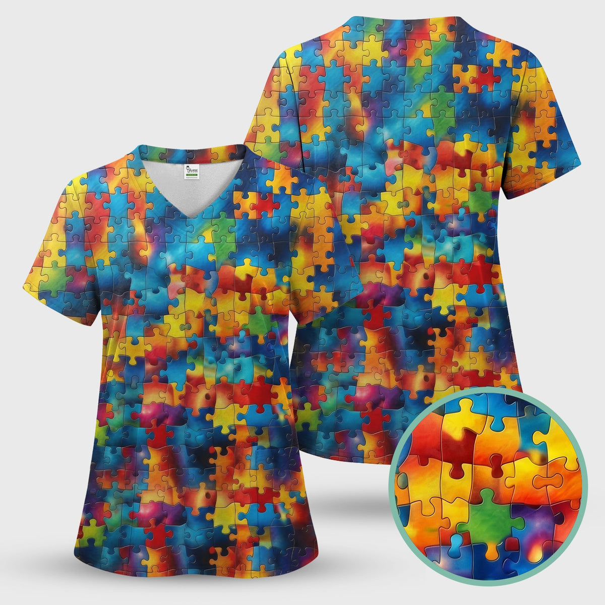 Rainbow Puzzle Piece Nurse Scrub Top