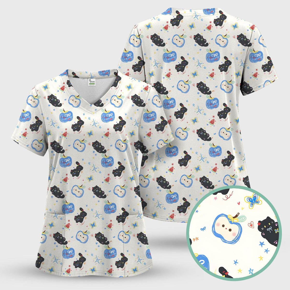 Black Cat Apple Nurse Scrub Top