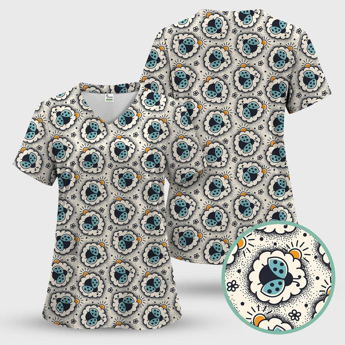 Ladybug Floral Frame Nurse Scrub Set