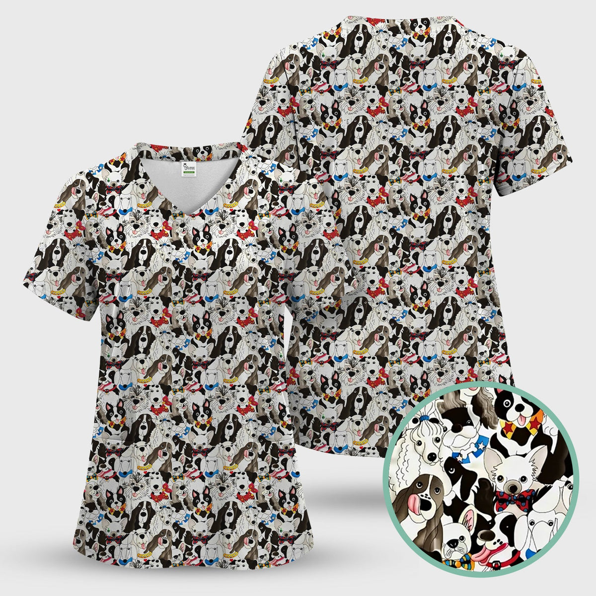 Cute Dog Cartoon All Over Print Scrub Set, Scrub Pants and V Neck Top