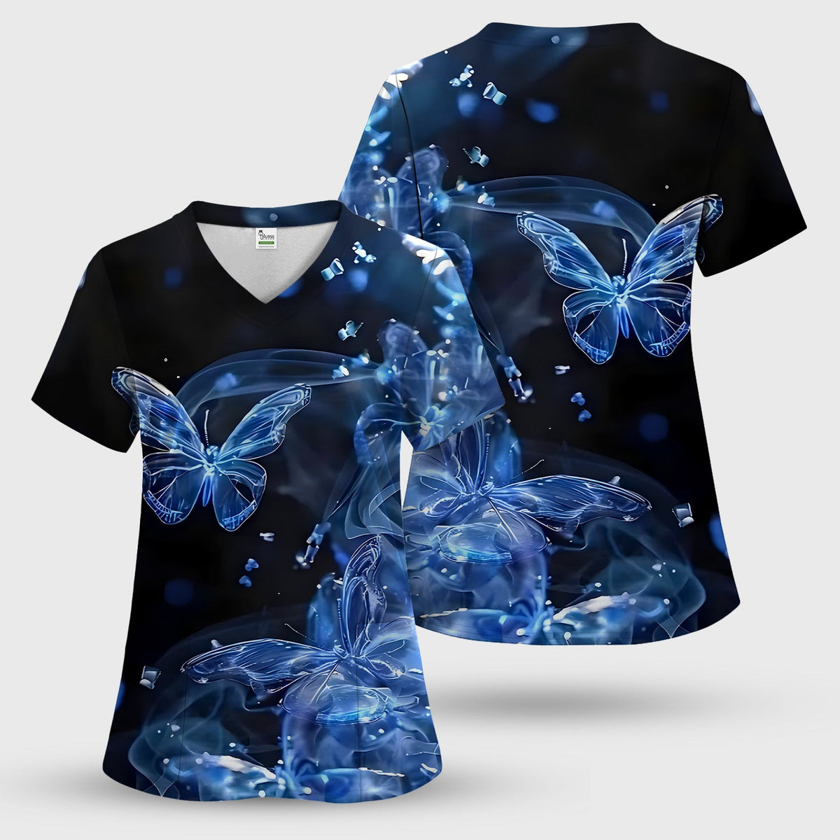 Glowing Blue Butterfly Garden Nurse Scrub Set