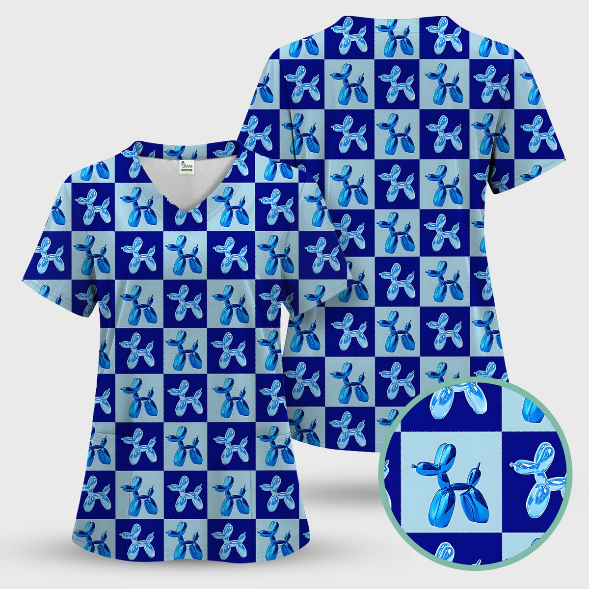 Cute Blue Balloon Dog Checkered Nurse Scrub Set