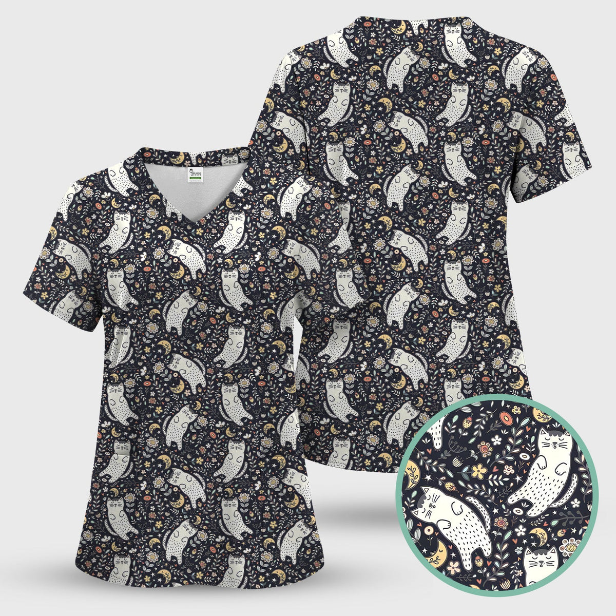 Moonlit Floral Cat Nurse Scrub Set