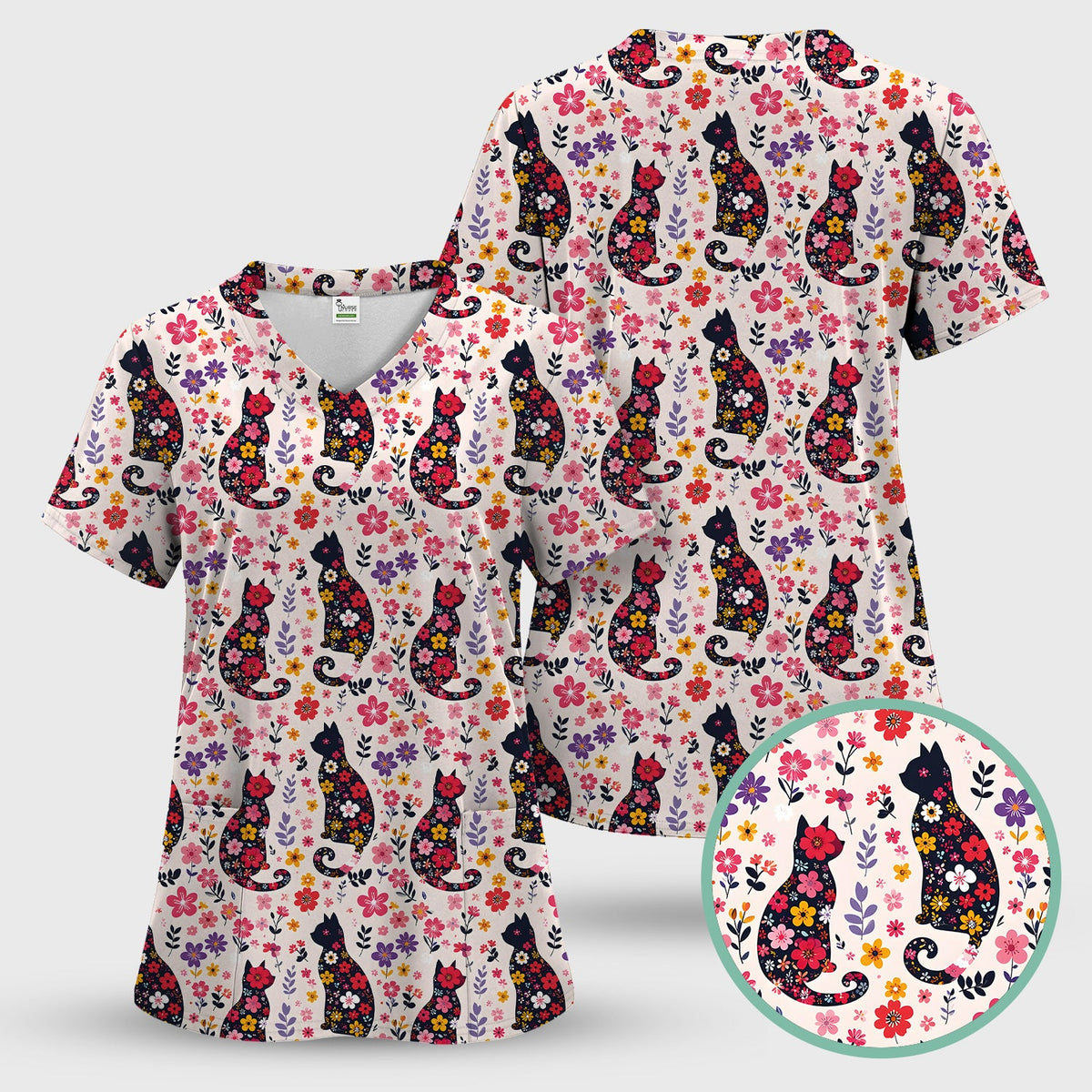 Floral Cat Silhouette Spring Garden Nurse Scrub Top