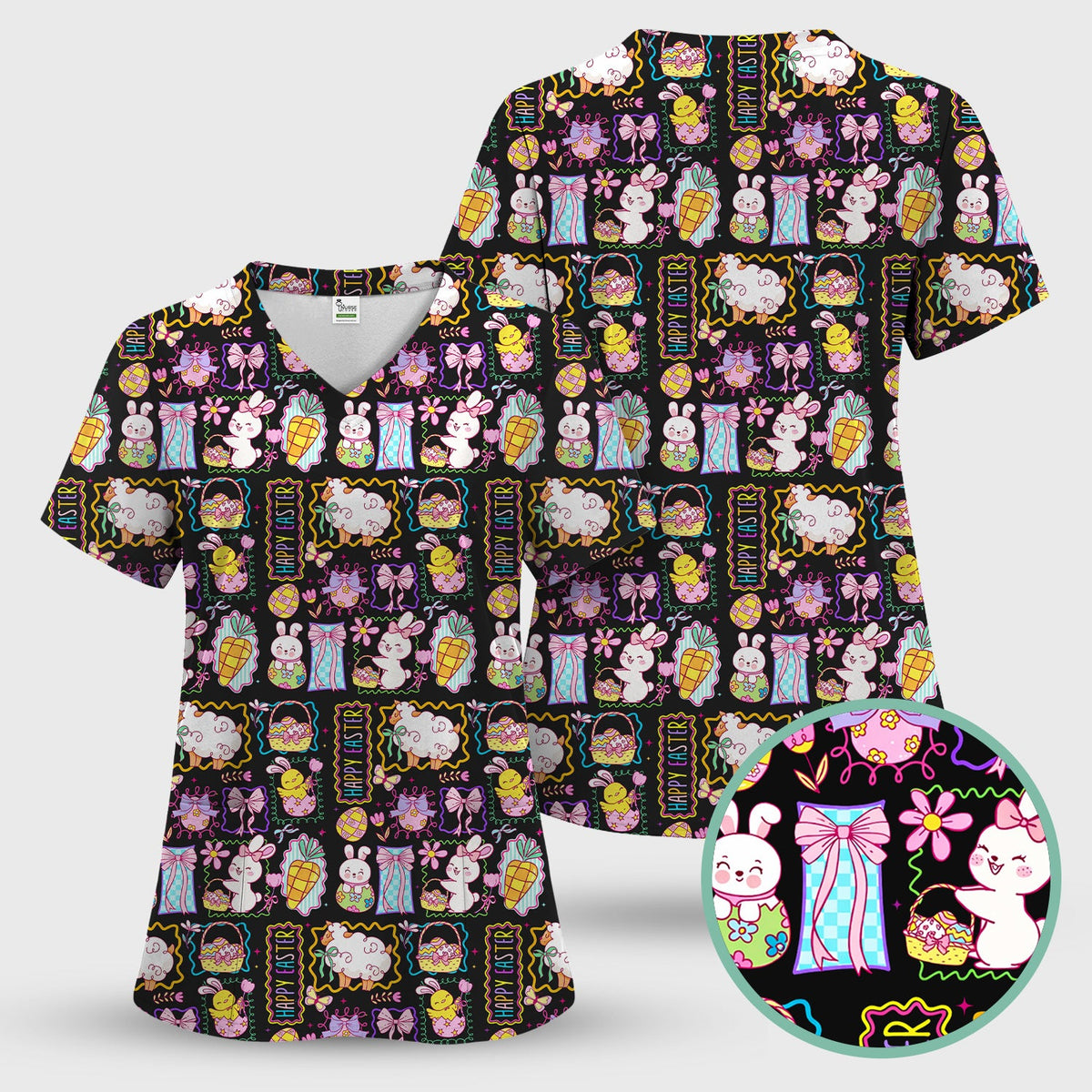 Cute Easter Bunny Egg and Bow Print Scrub Set, Scrub Pants and V Neck Top