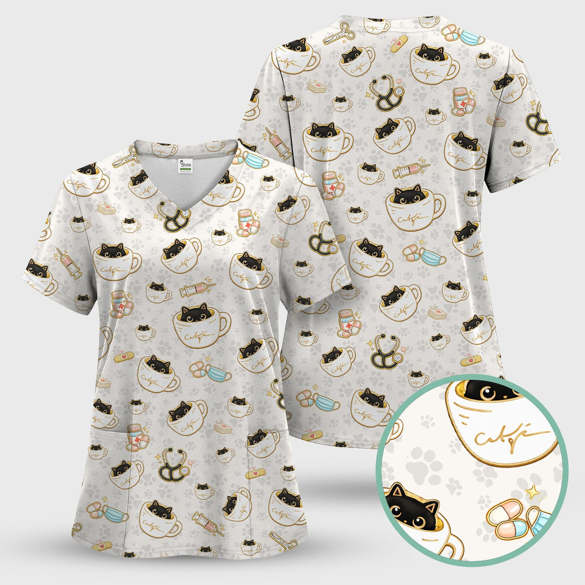 Coffee Cat Nurse Scrub Top