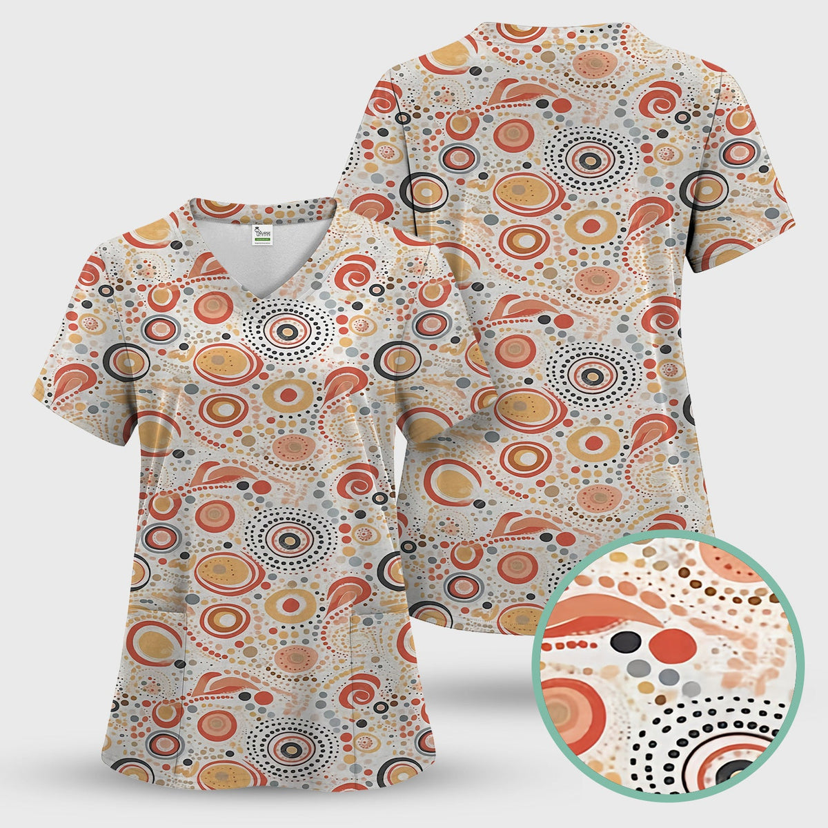 Abstract Earth Tone Dot Circle Nurse Scrub Top