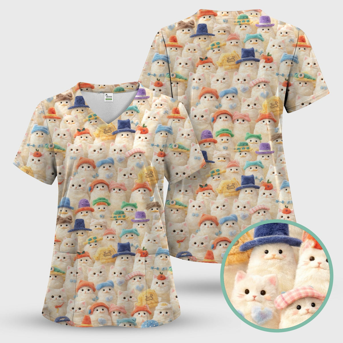 Adorable Cats Wearing Colorful Hats Nurse Scrub Top