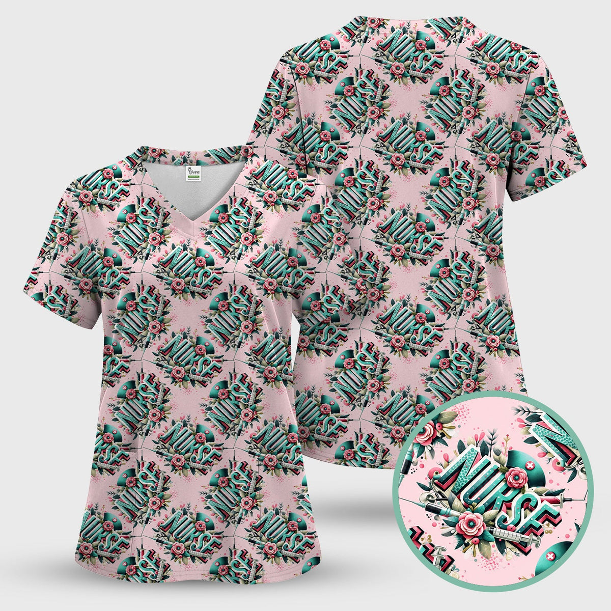 Typography Floral Nurse Scrub Top