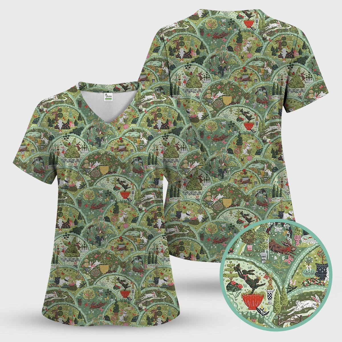 Whimsical Garden Scene Rabbit Nurse Scrub Set