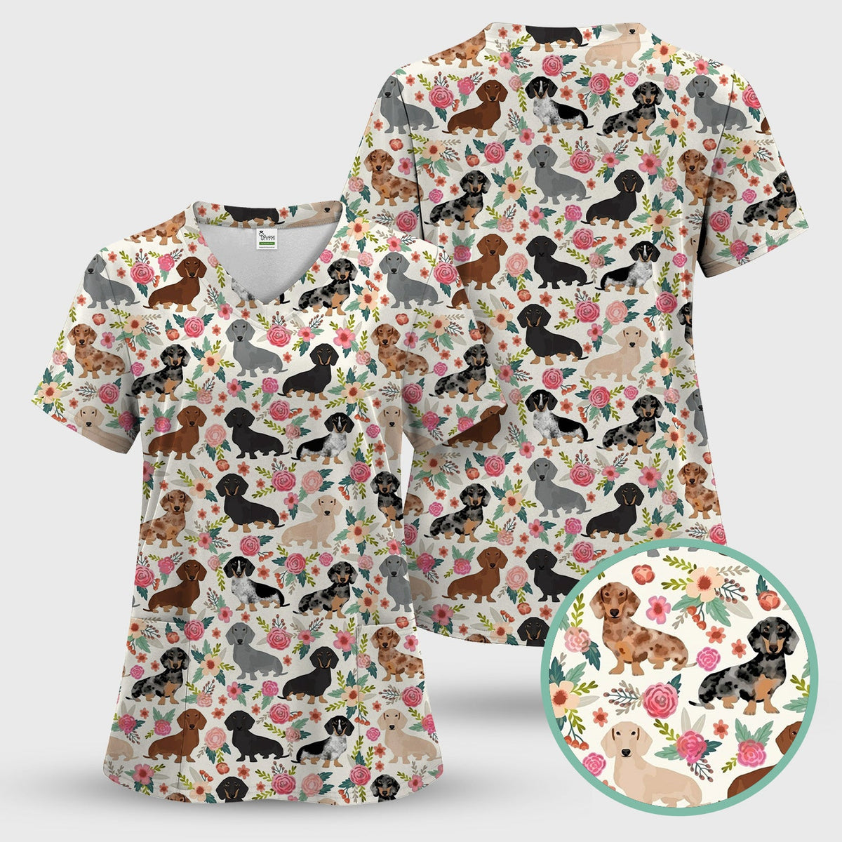 Adorable Dachshund Floral Pattern Scrub Top, Comfortable Scrubs For Nurses