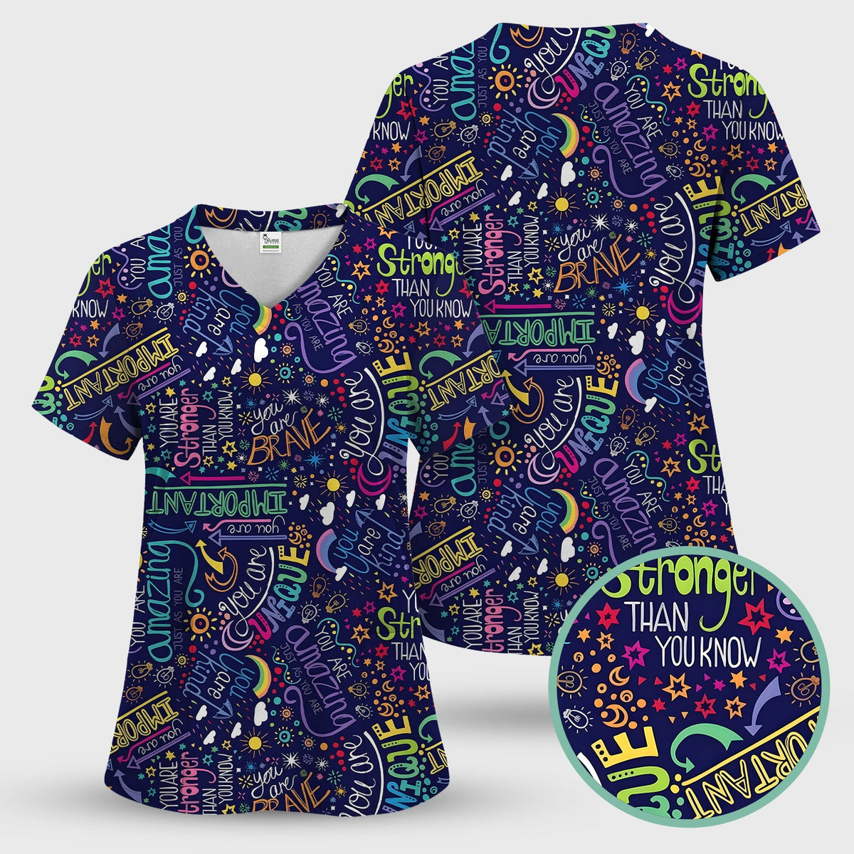 Inspirational Quote Pattern Scrub Top, Breathable Fabrics Nursing Uniform