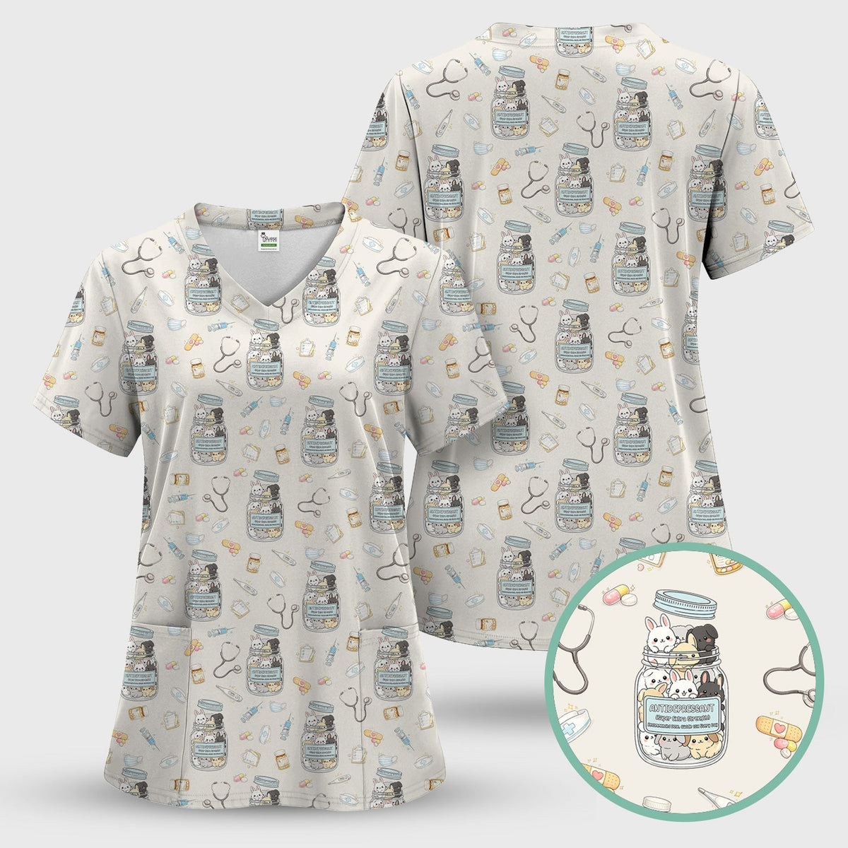 Whimsical Antidepressant Rabbit Jar Nurse Scrub Top