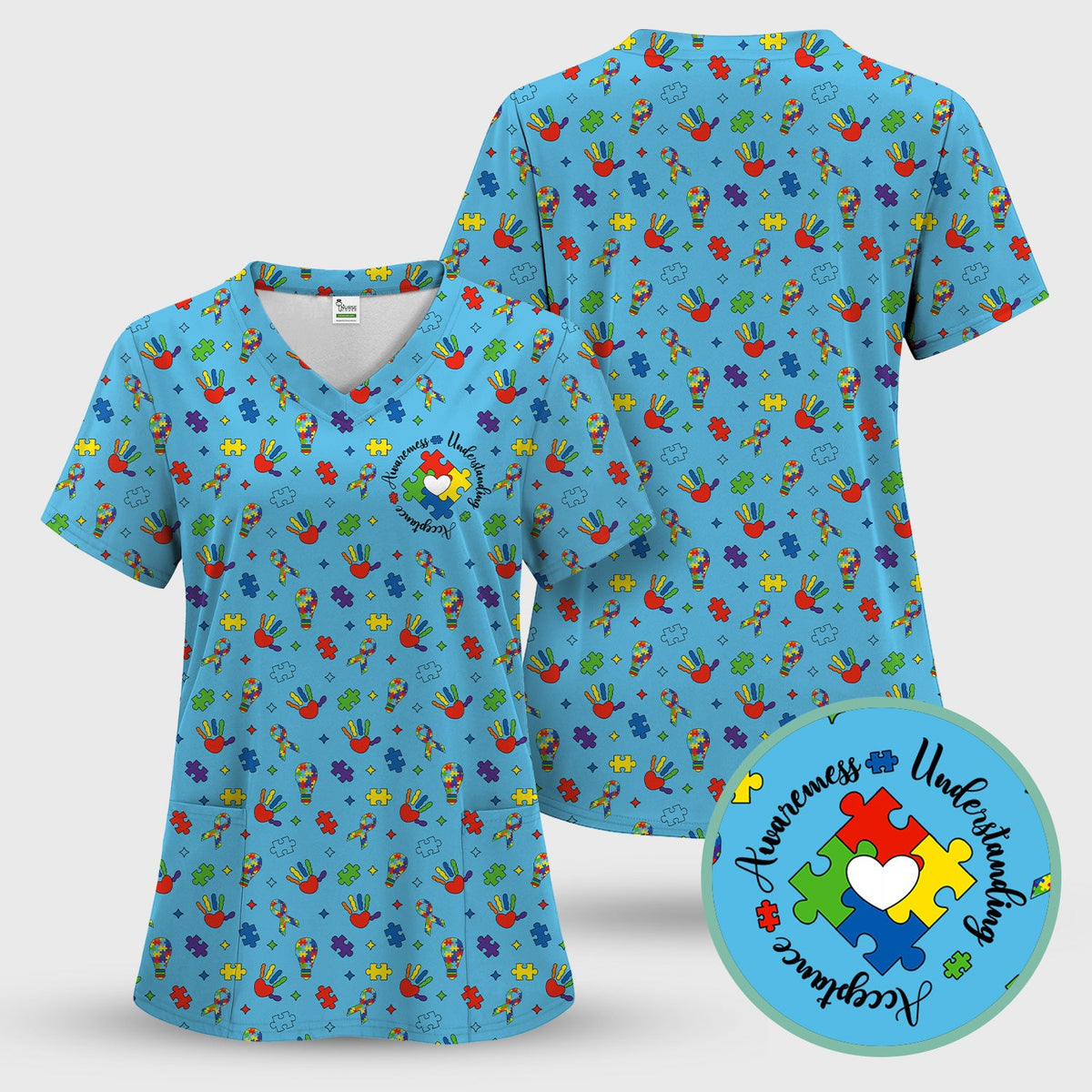 Autism Awareness Colorful Puzzle Nurse Scrub Set