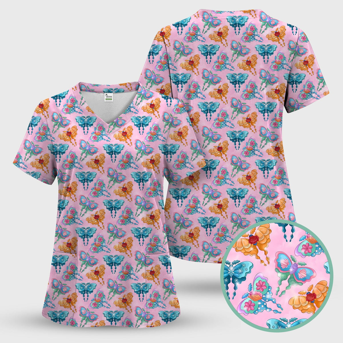 Colorful Butterfly Floral Blossom Nurse Scrub Set