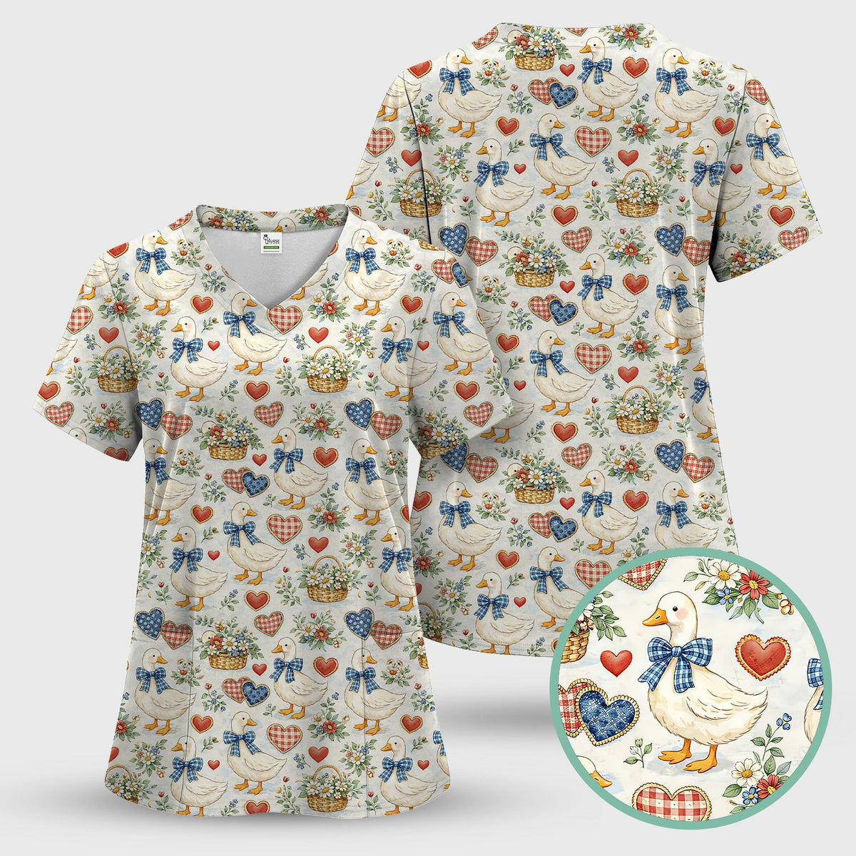Cute Duck Heart Floral Nurse Pattern Scrub Top, Comfortable Scrubs for Nurses