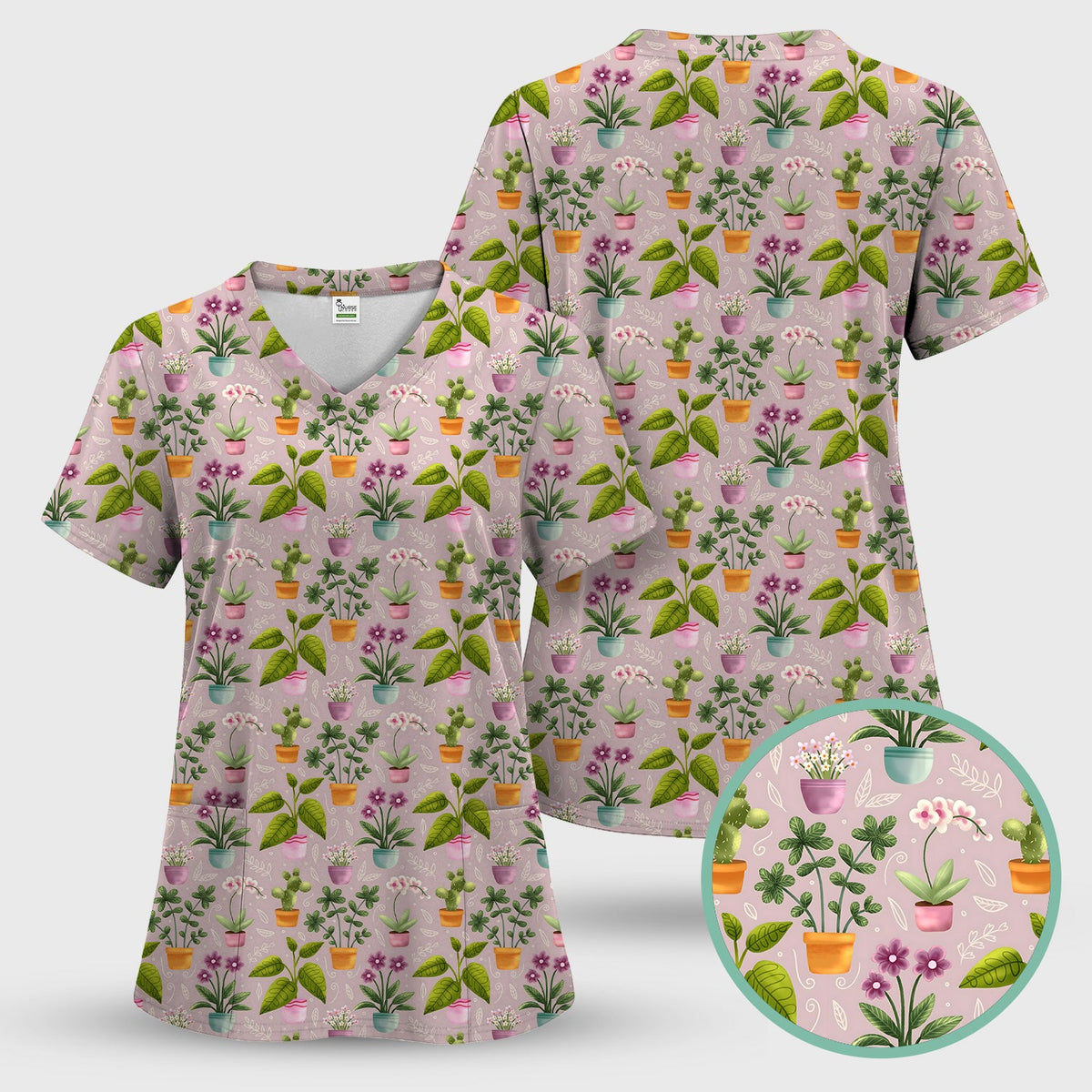 Potted Orchid Cactus Nurse Scrub Top