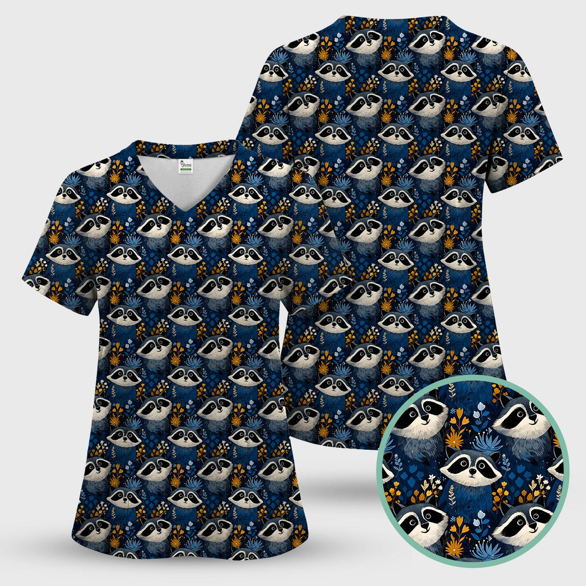 Raccoon Blue Floral Forest Nurse Scrub Set