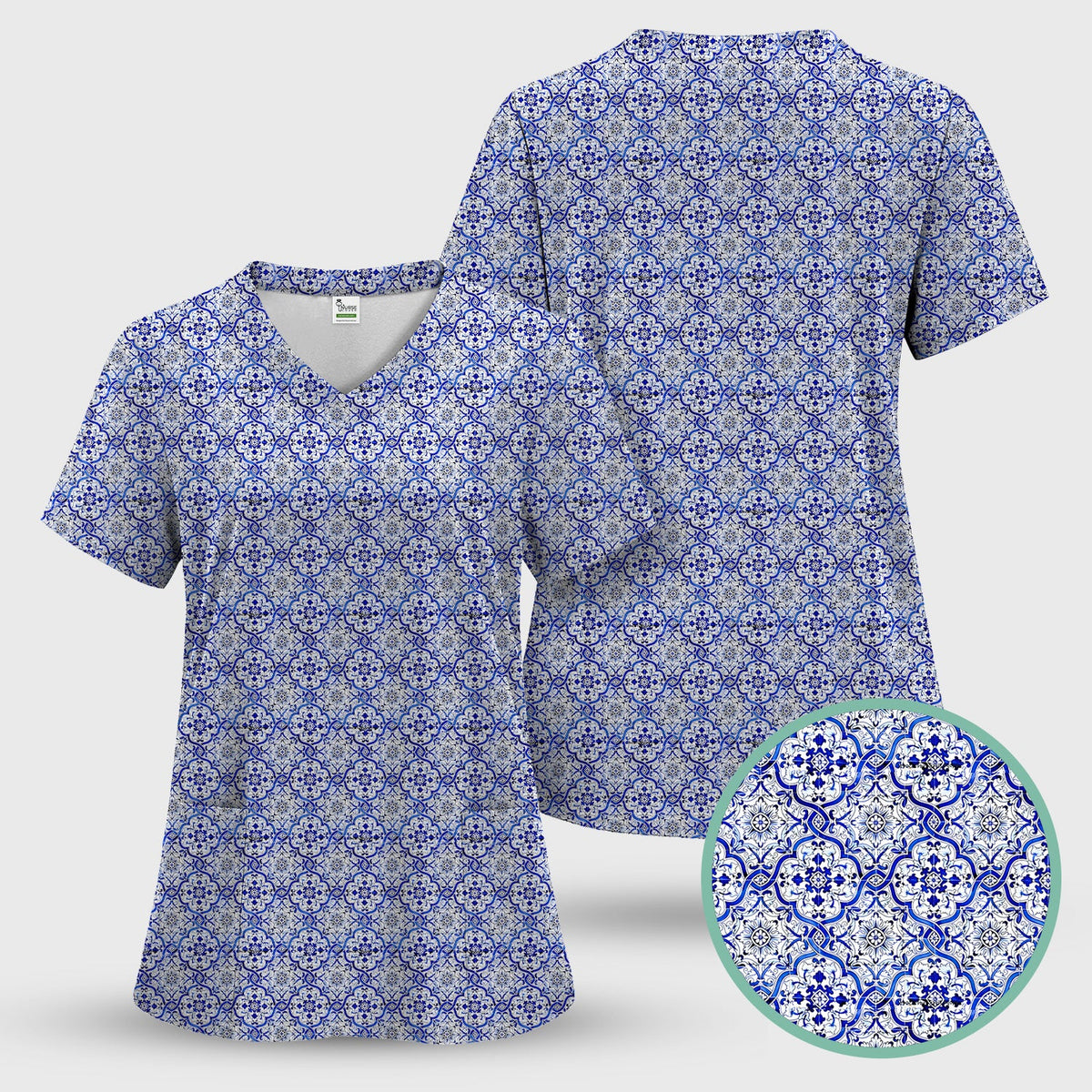 Blue Vintage Tile Floral Nurse Scrub Set