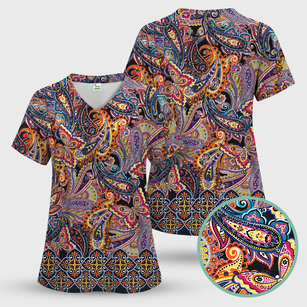 Colorful Bohemian Paisley Floral Nurse Scrub Top