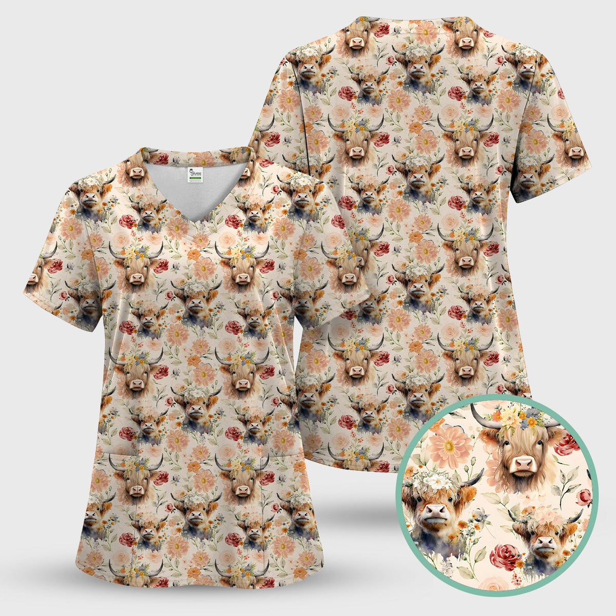 Highland Cow Floral Nurse Scrub Set