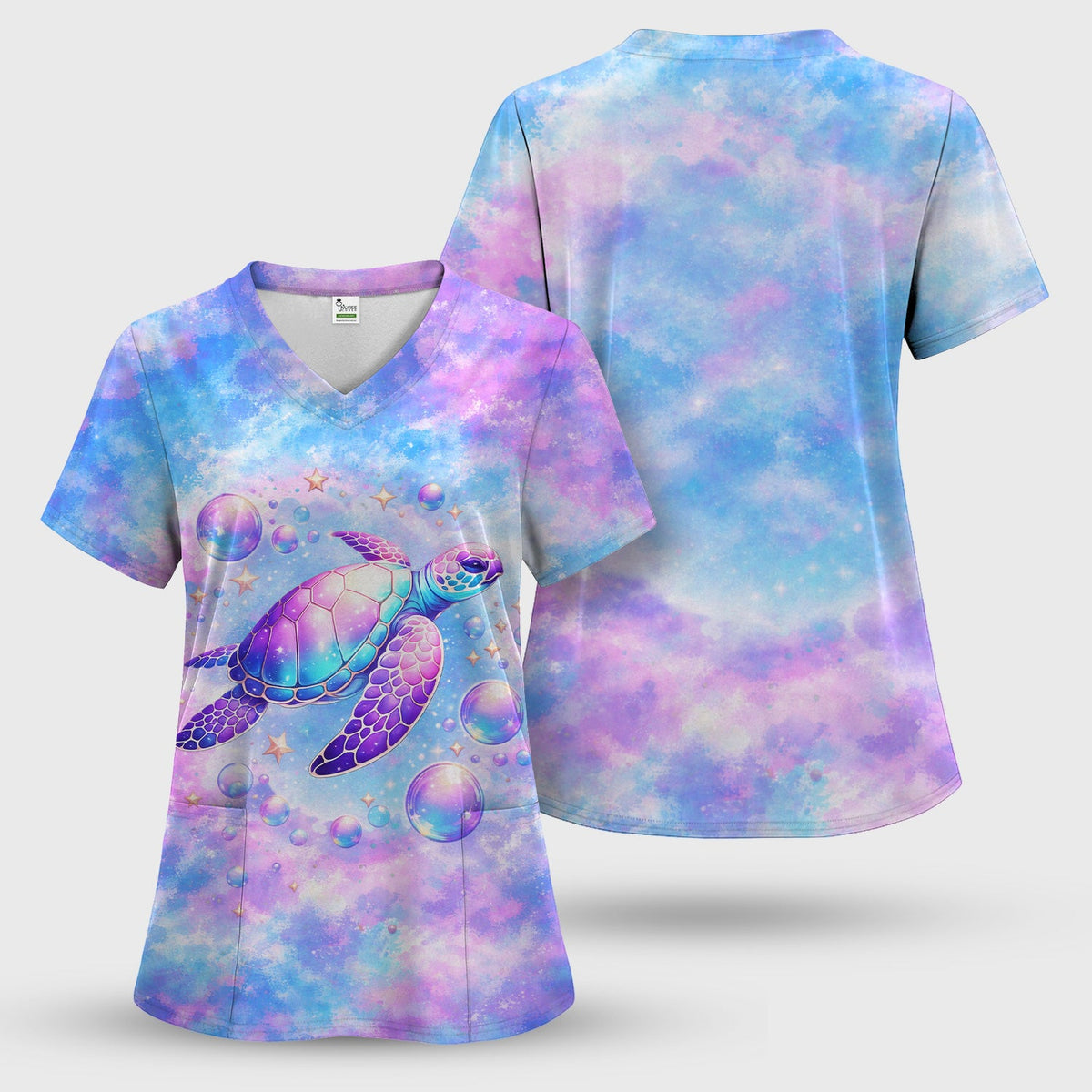 Pastel Galaxy Sea Turtle Bubble Art Scrub Set, Scrub Pants and V Neck Top