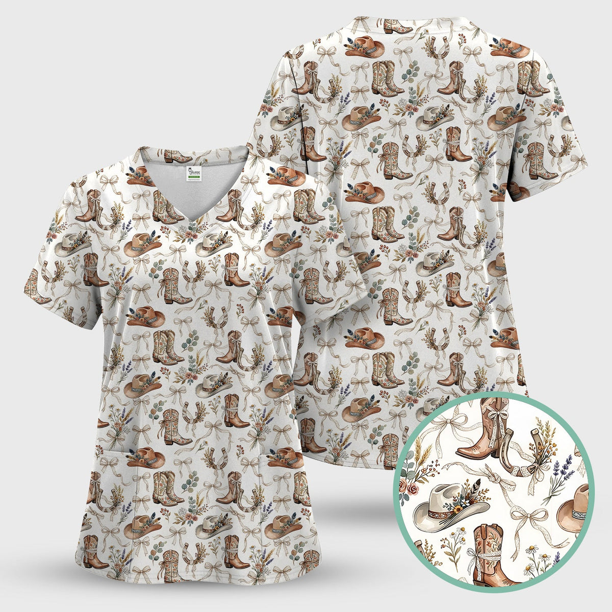 Western Cowboy Boots Hat Floral Pattern Scrub Set, Scrub Pants and V Neck Top