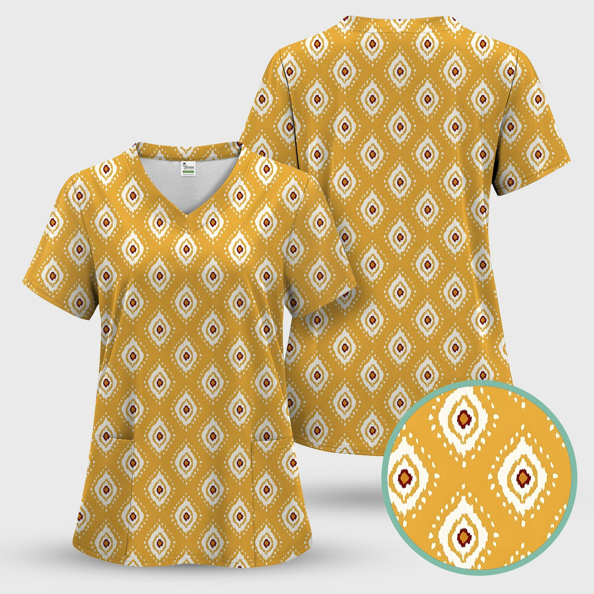 Mustard Geometric Ikat Nurse Scrub Top