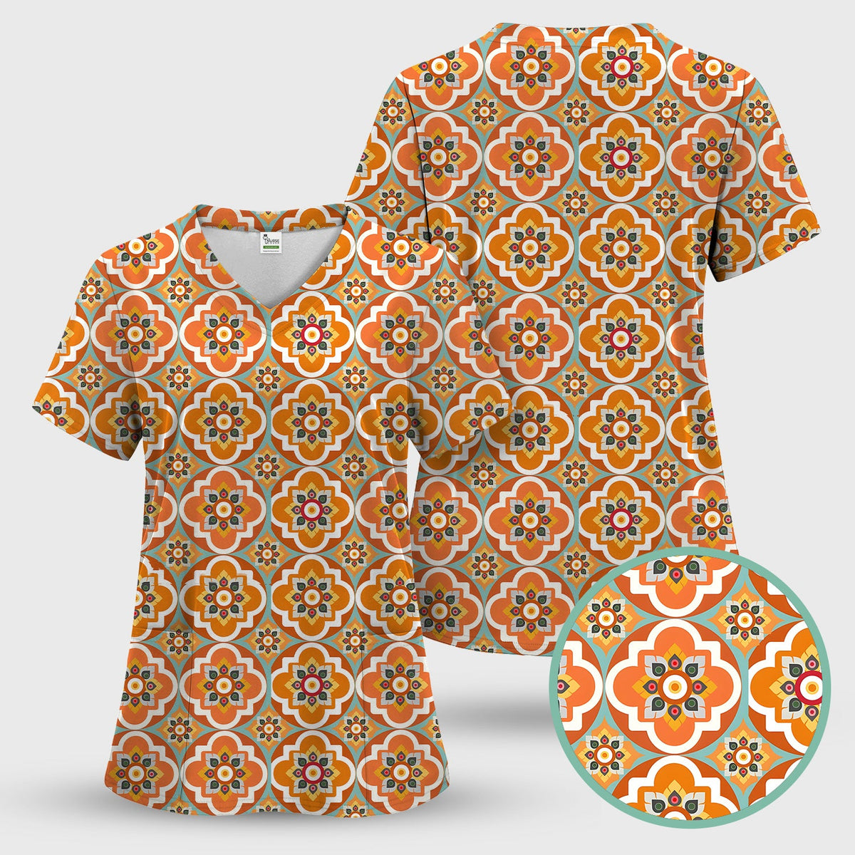 Orange Retro Geometric Floral Nurse Scrub Set