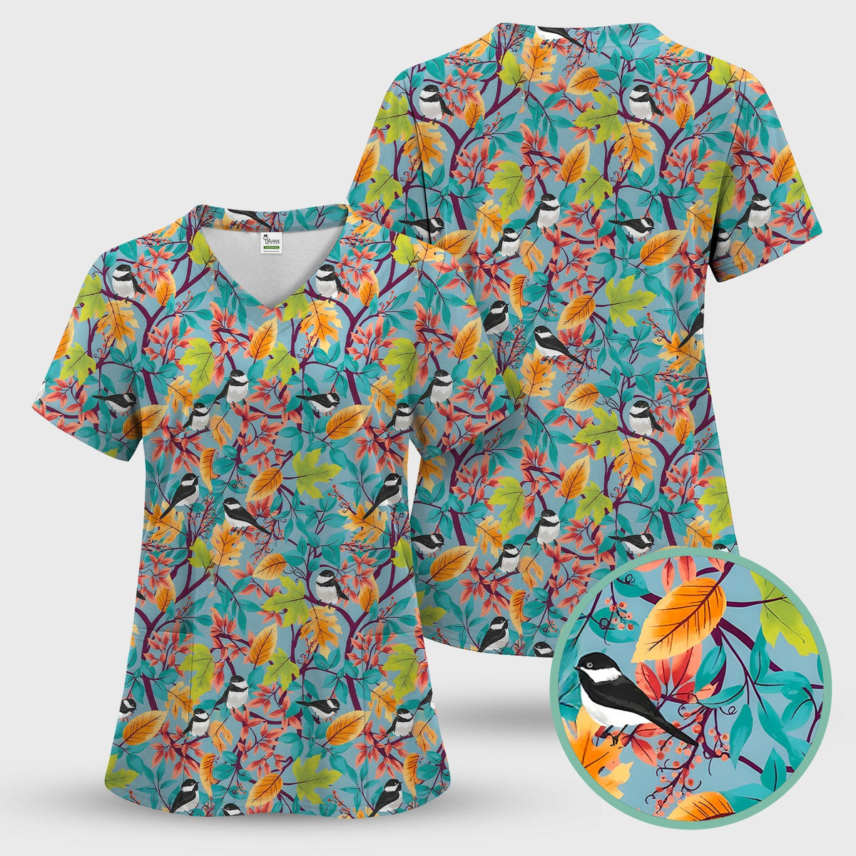 Autumn Leaf Chickadee Bird Nurse Scrub Top