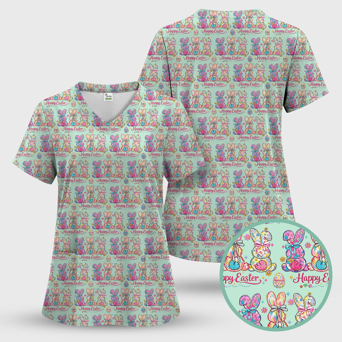 Pink Happy Easter Bunny Pattern Scrub Top, Comfortable Scrubs for Nurses