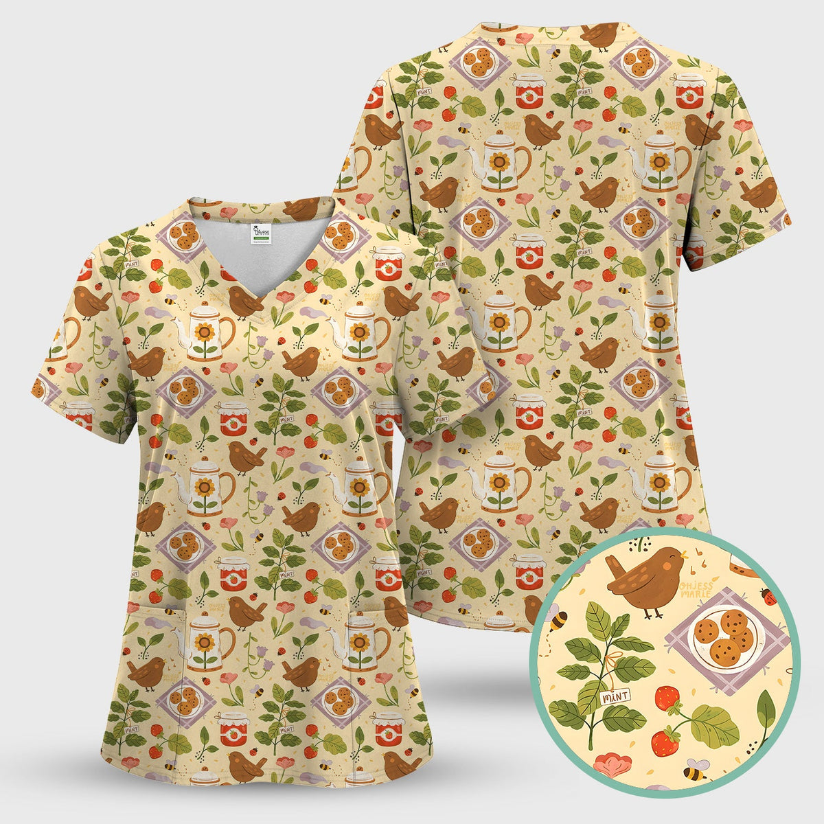 Garden Tea Bird Strawberry Nurse Scrub Set