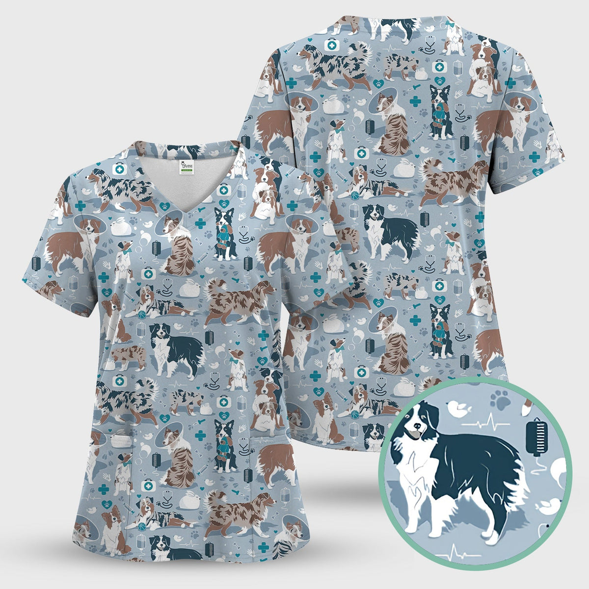Cute Dog Pattern Veterinary Scrub Top, Breathable Fabrics Nursing Uniform