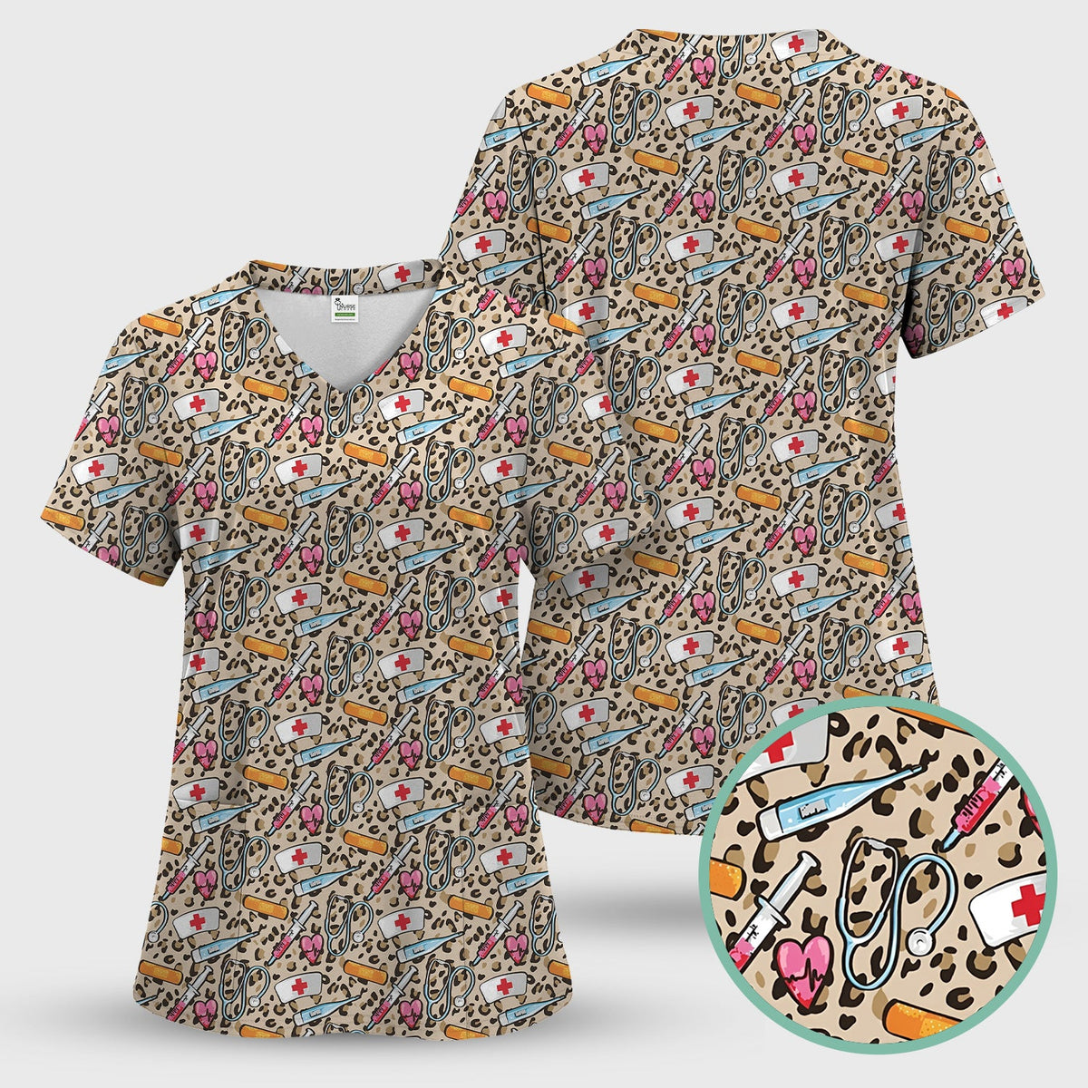 Leopard Medical Tools Pink Heart Nurse Scrub Top