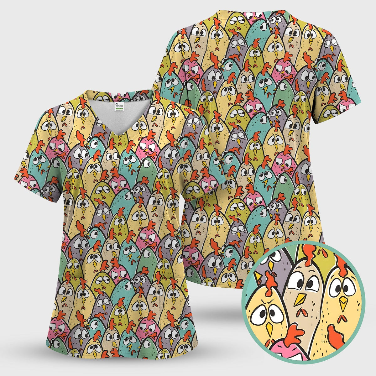 Cartoon Chicken Crowd Nurse Scrub Set